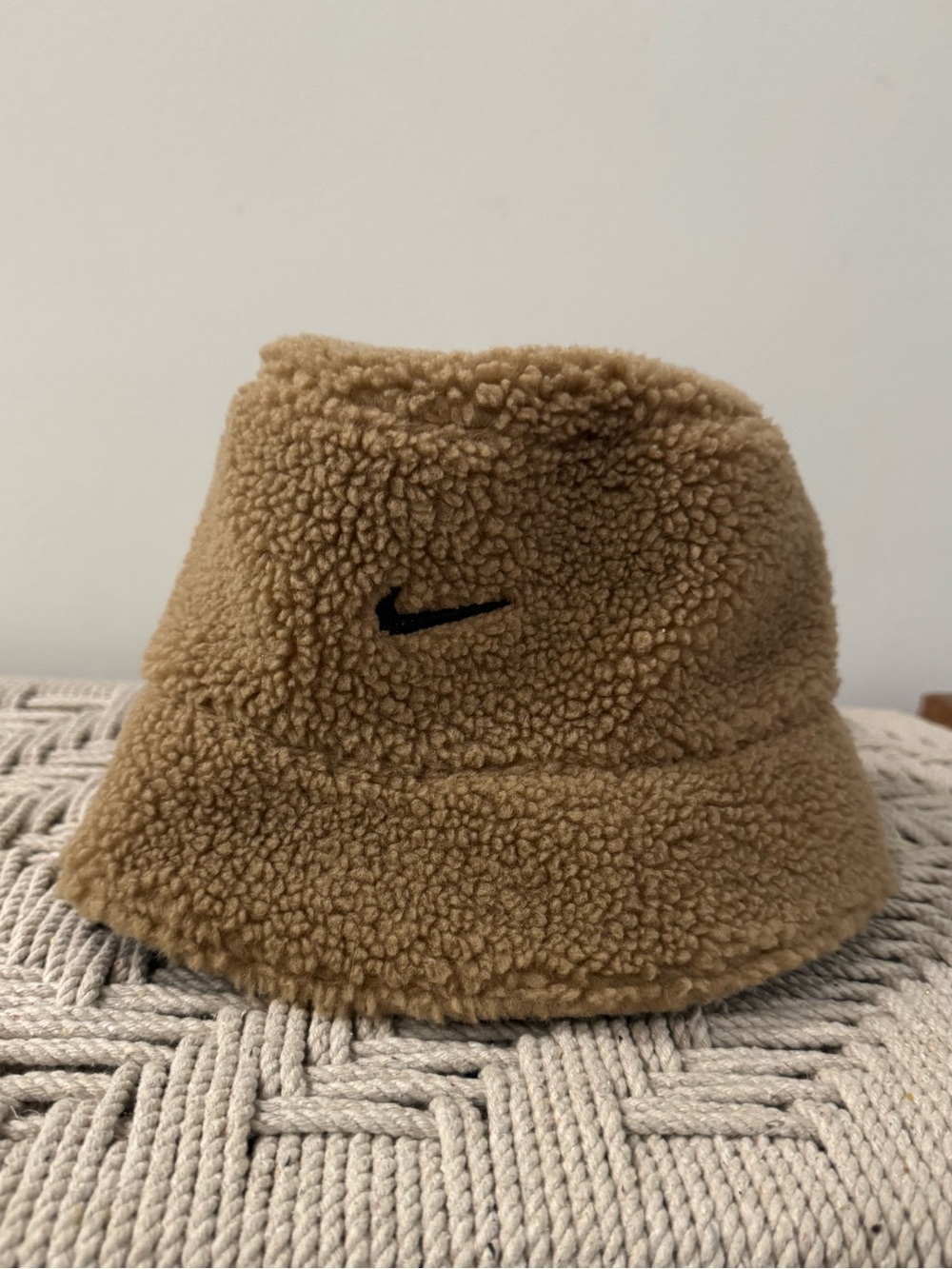 Nike Tan Sherpa Bucket Hat with Black Swoosh